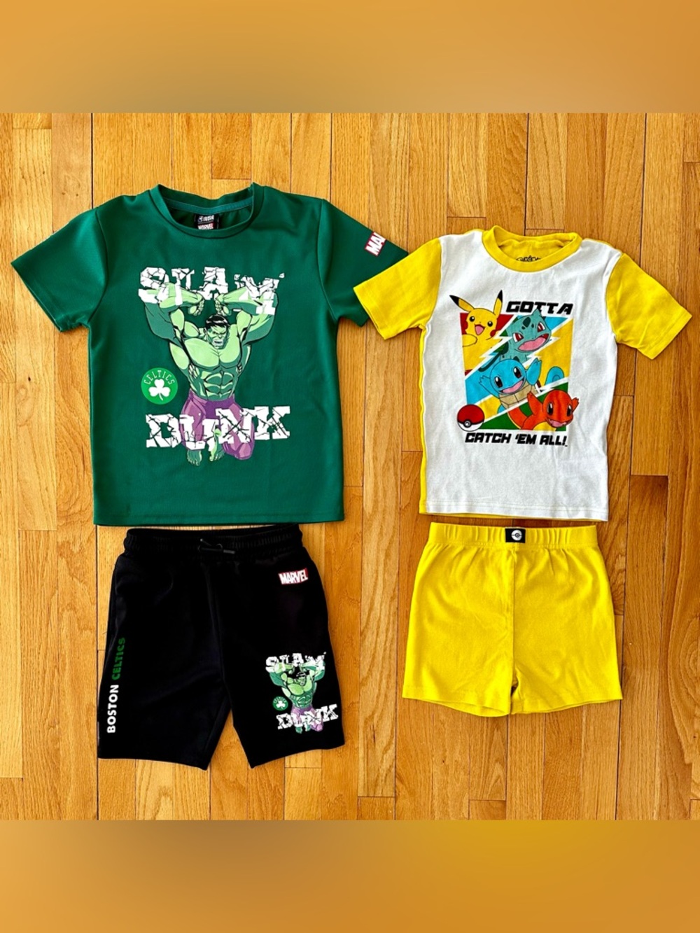 Boys Boston Celtics NBA Marvel Hulk Green Set & Pokemon Pajama Yellow Set Size 8